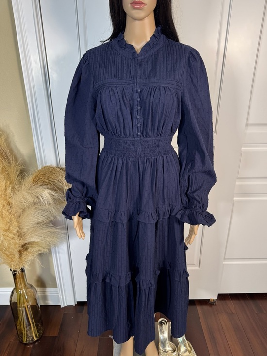 WOMEN’S LONG SLEEVE BUTTON UP ELASTIC WAIST FRONT POCKETS TIERED MIDI DRESS - Picture 7 of 16